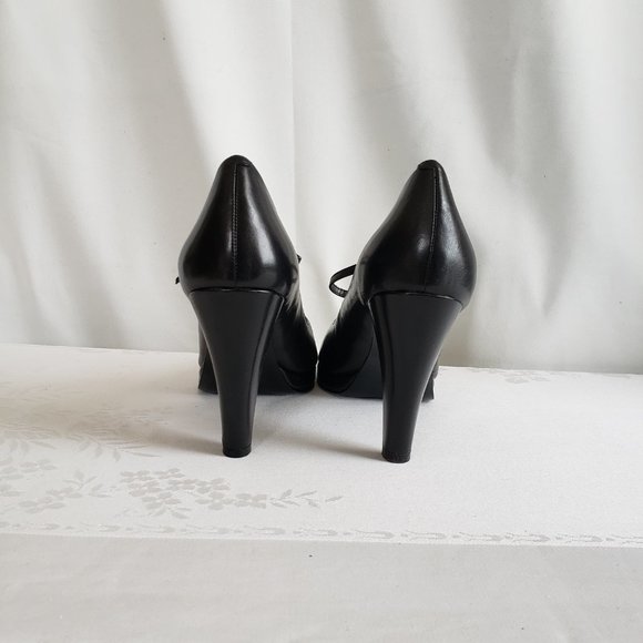 New BANDOLINO Black leather platform peep toe Mary Jane strap pumps Plaid lining - Picture 7 of 10